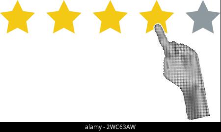 Halftone hand pointing, finger push to four star rating. Feedback, reputation and quality concept. Vector illustration Stock Vector