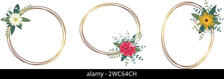 Set of gold circle frame with arrangement. Perfect for wedding invitation cards, luxury templates. Vector illustration. Stock Vector