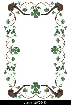 Frame of shamrock clover sprigs with leprechaun smoking pipes. Decoration for St. Patrick's Day. Isolated watercolor illustration on white background. Stock Photo