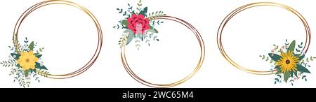 Set of gold circle frame with arrangement. Perfect for wedding invitation cards, luxury templates. Vector illustration. Stock Vector