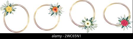 Set of gold circle frame with arrangement. Perfect for wedding invitation cards, luxury templates. Vector illustration. Stock Vector