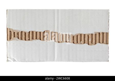 Scrap of white recycled cardboard box isolated on white. Grunge packing paper design element. Shabby rectangular fragment of shipping container. Torn Stock Photo