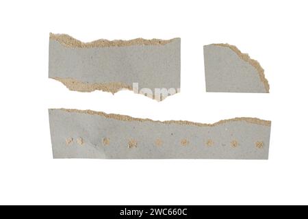Dark gray recycled paper scraps set isolated on white. Cardboard pieces grunge design elements. Torn paper. Stock Photo