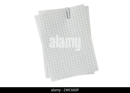Two sheets of checkered paper held together with a white paper clip isolated on white. Empty memo pad. Blank exercise book page. Document or shopping Stock Photo