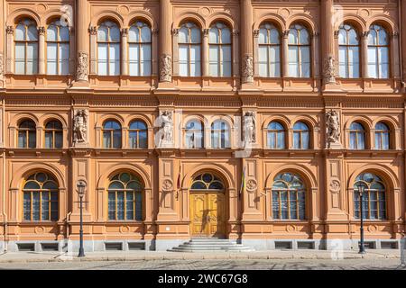 Facade of International art museum Bourse in Riga, Latvia . It was designed by an architect from St. Petersburg of German origin Harald Julius von Bos Stock Photo