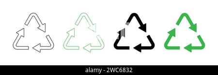 Triangular recycling symbol icons in green and black color with outline and fill. Recycling symbol icon set. Stock Vector