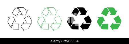 Recycling symbol icons in green and black color with outline and fill. Mobius strip recycling symbol icons Stock Vector