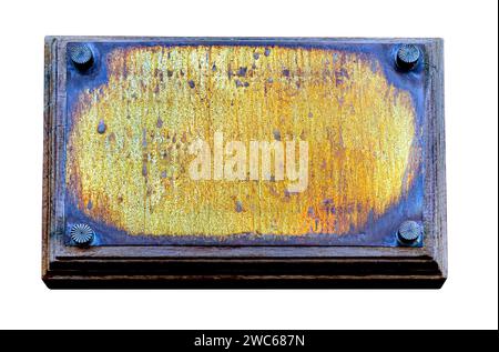 The old copper plate is the texture of a brass plate. Old metal background with rivets. Stock Photo