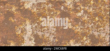 Rusty metal background. Rust texture. Orange red brown abstract background. Bright rough textured background. Wide banner. Panoramic. Stock Photo