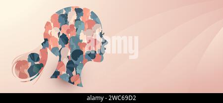 In profile silhouette of a woman with a multicultural women's silhouettes inside, representing a woman amplifying the voices of other women Stock Vector