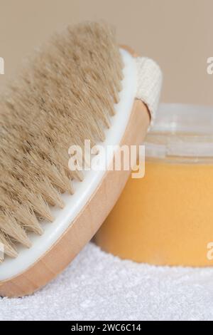 Dry skin wooden body brush for anti cellulite and lymphatic drainage massage Stock Photo