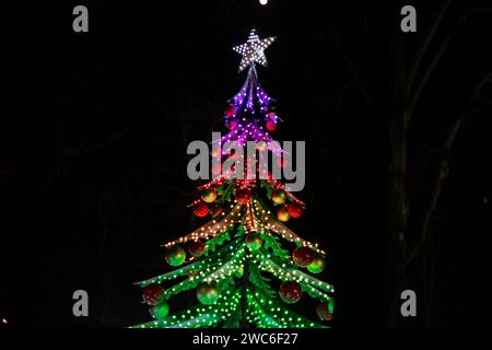 Carousel attraction in the form of a Christmas tree. Christmas Village a Milano. Villaggio delle Meraviglie. Italy, Milan 03.01.2024 Stock Photo