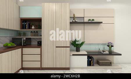 Modern Pantry Design with Side Wall Display Cabinet and Decoration Stock Photo