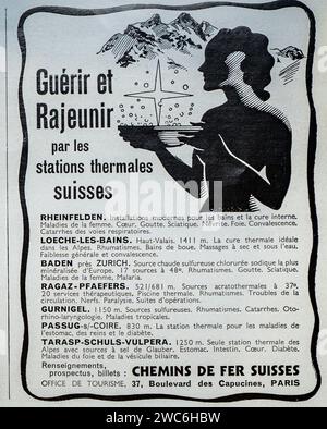 This old-fashioned 1930s advertisement promotes rejuvenating spa experiences and thermal baths offered in Switzerland, and serviced by the Swiss railway Company, Chemins De Fer Suisses, highlighting health benefits and scenic locations. Stock Photo