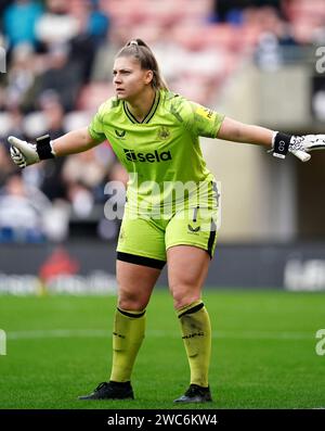 Newcastle United goalkeeper Grace Donnelly during the Adobe Women's FA Cup fourth round match at the Leigh Sports Village Stadium, Manchester. Picture date: Sunday January 14, 2024. Stock Photo