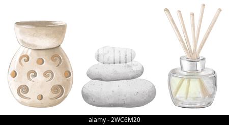 Accessories for aromatherapy. Ceramic aroma lamp, stones, wooden incense sticks in a transparent glass bottle. Hand drawn illustration isolated on whi Stock Photo