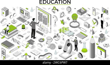 University study. Isometric students learning on web training. Outline people in computer class. Knowledge digital service. Library book and educational video. Electronic course. Vector line concept Stock Vector