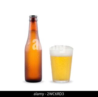 Beer bottle and cold glass with drops isolated on white background. Stock Photo