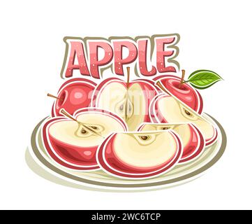 Vector logo for Red Apple, decorative horizontal poster with outline illustration of juicy apple composition with green leaves, cartoon design fruity Stock Vector