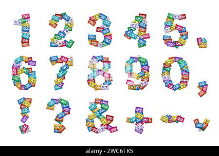 Arabic numbers and symbols alphabet arranged from colorful audio cassettes on a white background. A resource for designers on a musical theme. Stock Photo