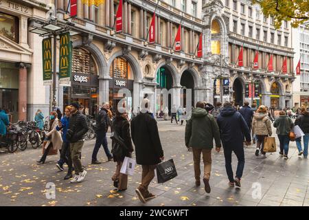 Popular major shopping street De Meir in Antwerp. Stock Photo