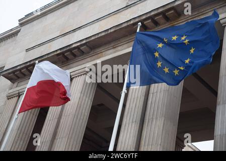 Ministries and State Owned Companies. Poland s national flag and the European Union flag are pictured outside the Ministry of Education in Warsaw, Poland on January 14, 2024. Warsaw Poland Copyright: xAleksanderxKalkax Stock Photo