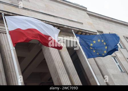 Ministries and State Owned Companies. Poland s national flag and the European Union flag are pictured outside the Ministry of Education in Warsaw, Poland on January 14, 2024. Warsaw Poland Copyright: xAleksanderxKalkax Stock Photo
