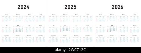 Calendar 2024, calendar 2025, calendar 2026 week start Sunday corporate design planner template Stock Vector