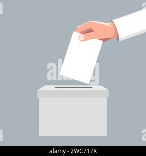 Hand puts vote bulletin into vote box. Election concept Stock Vector