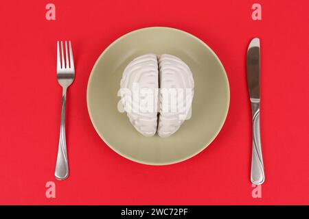 A white model of the human brain lies in a plate on a red background, next to a fork and knife. Eating brains Stock Photo