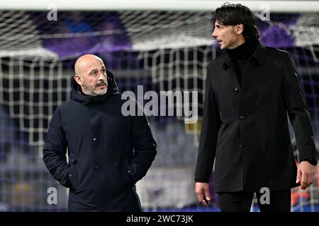 Florence, Italy. 14th Jan, 2024. Vincenzo Italiano head coach of ACF Fiorentina and Gabriele Cioffi head coach of Udinese Calcio talk priori to the Serie A football match between ACF Fiorentina and Udinese Calcio at Artemio Franchi stadium in Florence (Italy), January 14th, 2023. Credit: Insidefoto di andrea staccioli/Alamy Live News Stock Photo