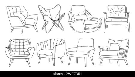 Set of different modern armchairs vector line art. Stock Vector