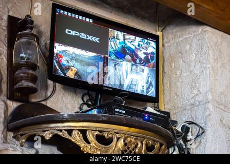 CCTV dash cameras screen OPAX computer monitor with split screen used to show the security cameras footage. Hotel in Turkey Stock Photo