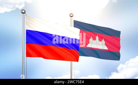 3D Waving Russia and Cambodia Flags on Blue Sky with Sun Shine Stock Photo