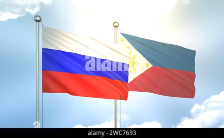 3D Waving Russia and Philippines Flags on Blue Sky with Sun Shine Stock ...