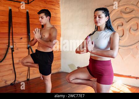 Young sporty couple practicing yoga class, man and woman with eyes closed in Vrksasana, tree pose, practicing balance, full body plane, in yoga studio Stock Photo