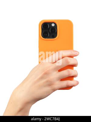 Berlin Germany December 21 2023 Hand holding iphone 14 pro, back smartphone phone view with camera isolated on white Stock Photo