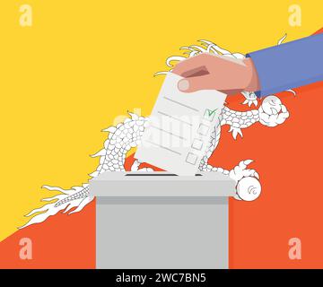 Bhutan election concept. Hand puts vote bulletin into vote box. Stock Vector