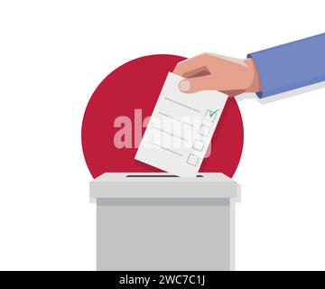 Japan election concept. Hand puts vote bulletin into vote box. Stock Vector
