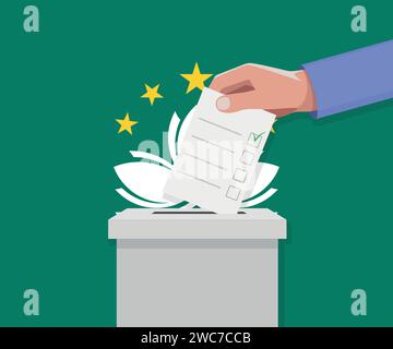 Macao election concept. Hand puts vote bulletin into vote box. Stock Vector