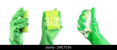 Hands holding Washing sponges, cleaning items isolated on white background set Stock Photo