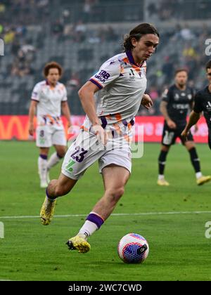 Parramatta, Australia. 14th Jan, 2024. Daniel Bennie of the Perth Glory FC seen in action during the Isuzu UTE A-League season Unite Round match between Perth Glory and Wellington Phoenix at CommBank Stadium. Final score; Wellington Phoenix 4:3 Perth Glory. Credit: SOPA Images Limited/Alamy Live News Stock Photo