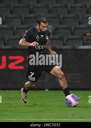 Parramatta, Australia. 14th Jan, 2024. Konstantinos Barbarouses of the Wellington Phoenix FC team seen in action during the Isuzu UTE A-League season Unite Round match between Perth Glory and Wellington Phoenix at CommBank Stadium. Final score; Wellington Phoenix 4:3 Perth Glory. Credit: SOPA Images Limited/Alamy Live News Stock Photo