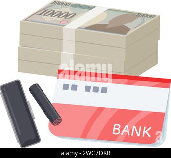 cash and passbook and seal.Vector art that is easy to edit. Stock Vector