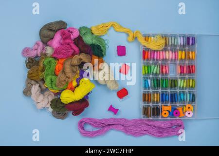 Thread and material for handicrafts. Colorful embroidery floss bobbins in a box. Multicolored skeins of sewing thread. Stock Photo