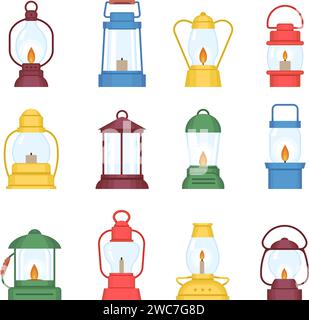 Kerosine lamps, flat lanterns with candles and gas lamp with fire. Isolated vintage camp equipment, travelling lights decent vector clipart Stock Vector