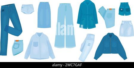 Denim clothes isolated set. Jeans style trench and skirt, pants, shirt and shorts. Trendy wear, casual fashion jacket. Cartoon outfits snugly vector Stock Vector