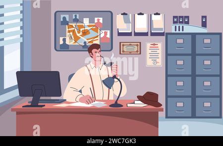 Detective office with table and board with evidences and red thread ...