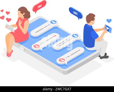 Isometric online dating. Man and woman using smartphone for romantic conversation. Modern digital communication, isolated flawless vector scene Stock Vector