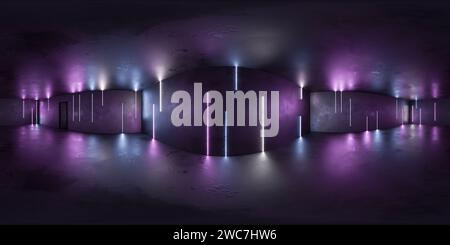 Dark Room With Purple Ceiling Light 360 panorama vr environment map 3D render illustration Stock Photo